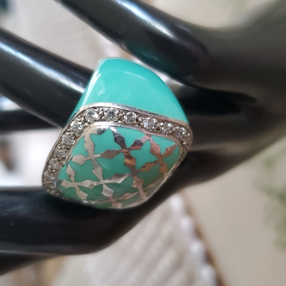 Turquoise Green Color Sterling Lattice Overlay Ring Size 8. - Picture 2 of 8